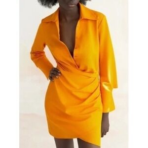 Zara Mini Shirt Dress Long Sleeve Collared Ruched Bodycon Orange‎ XL Extra Large